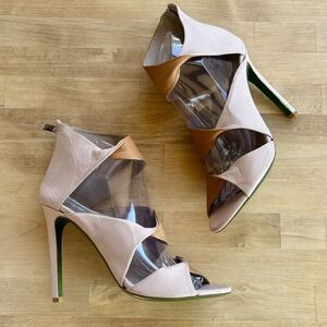 Donald J Pliner Pink Brown Ikaya Folded Italian Leather Heeled Zip Sandal SZ 8B